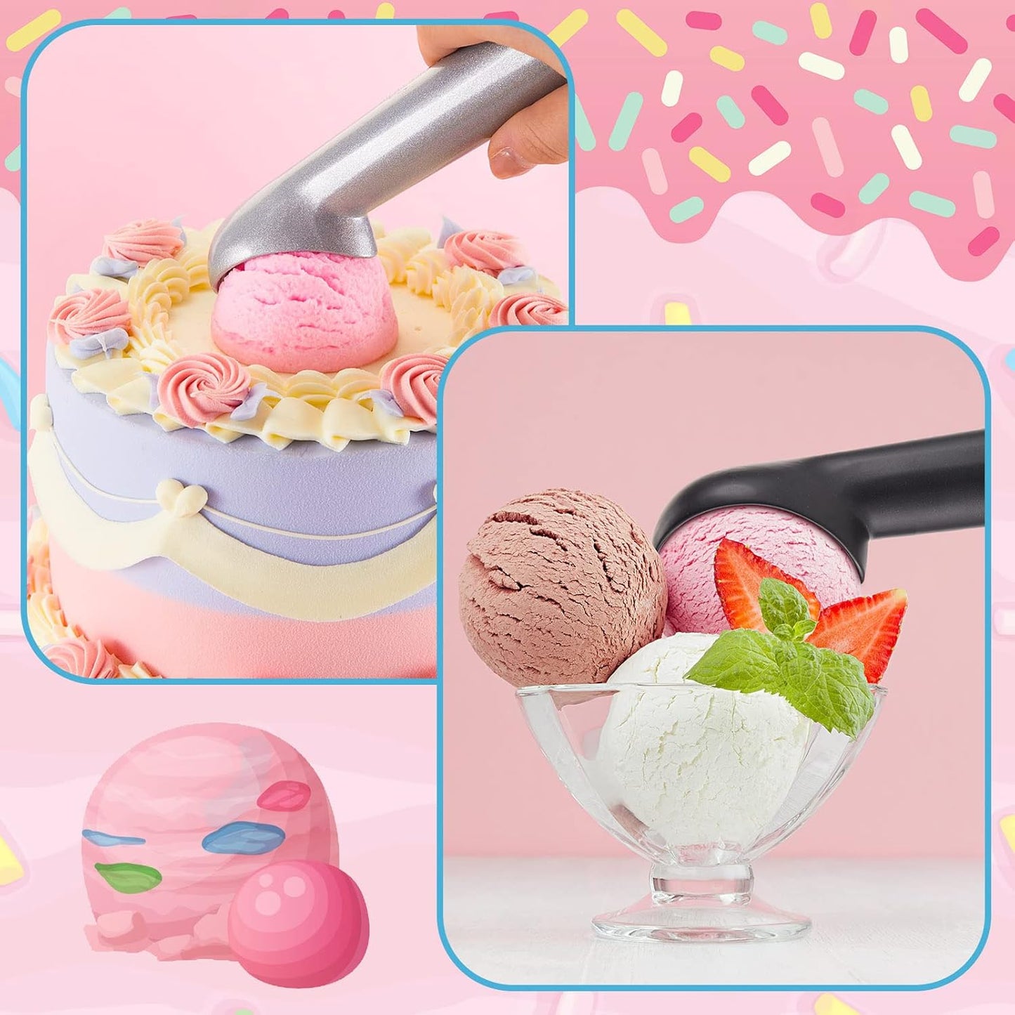 Gejoy 8 Pcs Ice Cream Scoop 7 Inch Nonstick Anti Freeze Ice Cream Scooper Aluminum Design Dessert Spoon for Gelatos Frozen Yogurt Fruit Sundaes Sorbet Almond Cookie Dough (Black and Silver)