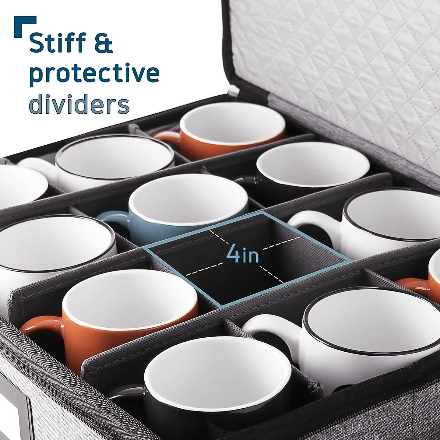 Hearth & Harbor Coffee Mug Storage, Quilted and Stackable Coffee Cup Storage Organizer for Service of 12, Mug Storage Box with Dividers, China Containers Hard Shell for Moving and Organization, Grey