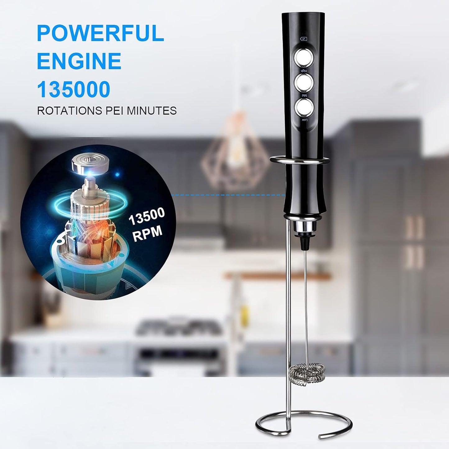 WanderLand Rechargeable Handheld Milk Frother Wand for Coffee,Drink Mixer with Stainless 2 Whisks, Electric Whisk 3 Speeds Adjustable, for Latte, Cappuccino, Hot Chocolate （Black）