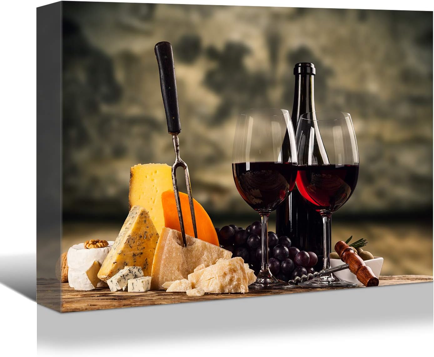 Looife Kitchen Still Life Canvas Wall Art, 48x32 Inch Gallery Wrapped Red Wine with Cheese Picture Prints Wall Decor, Food Art Deco for Dining Room and Bar Decoration