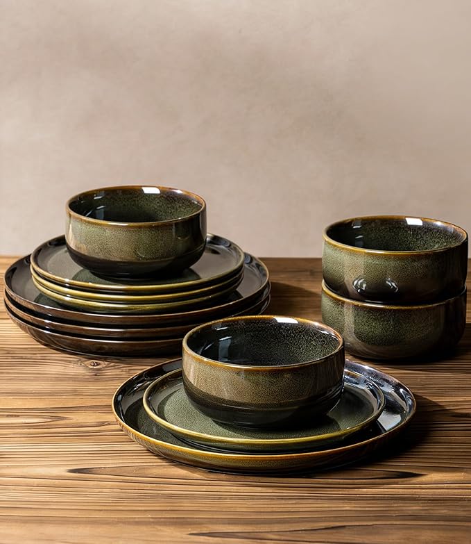TheTerra Ceramic Dinnerware Sets for 4, 12 Pieces Handmade Reactive Glaze Plates and Bowls Set, Scratch Resistant Dish Set, Oven & Microwave & Dishwasher Safe, Olive Green