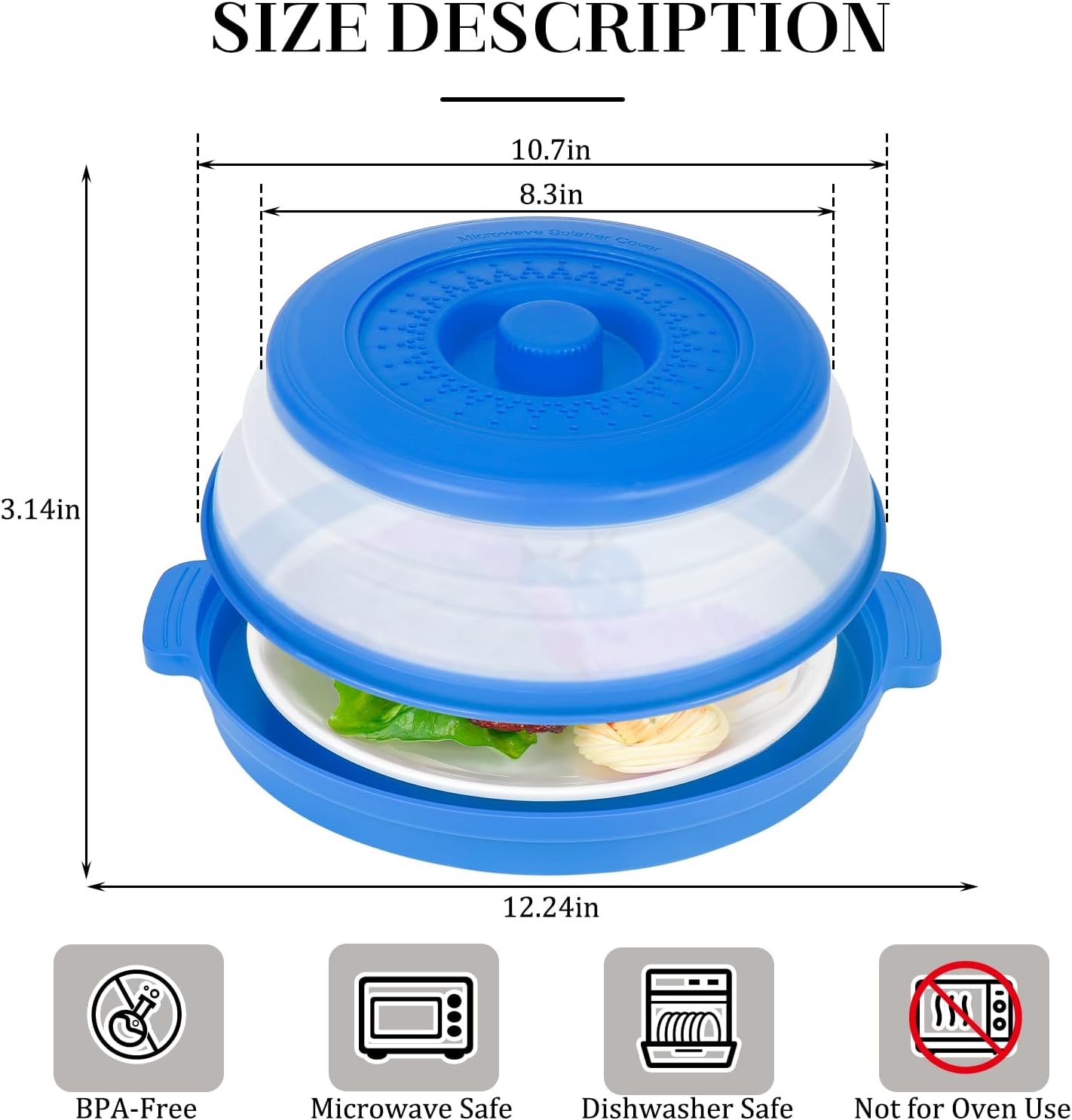 10.7 Inch Microwave Food Cover with Heat Insulation Mat, Anti-Scald Collapsible Microwave Splatter Cover, Multi-Functional as Colander & Fruit Plate, Dishwasher Safe, Ideal for Meal Prep (Dark Blue)