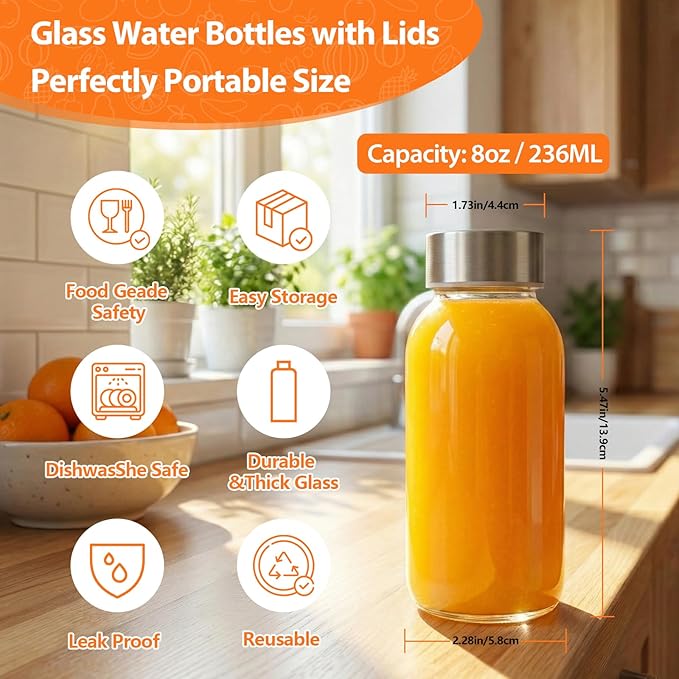 8 oz Glass Water Bottles with Lids, 10 Pack Small Glass Juice Bottles with Stainless Steel Caps & Funnel, Leak-Proof Containers for Juicing, Milk, Ginger Shots, Smoothies, Wellness Drinks