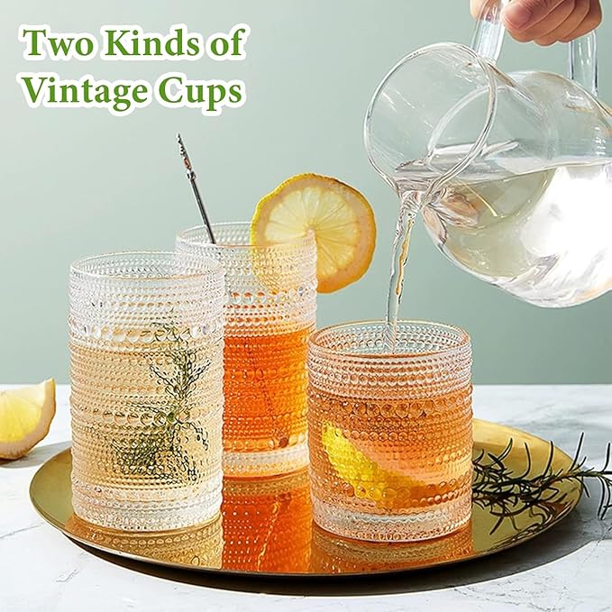 Vintage Hobnail Drinking Glasses Set of 8, 12 oz Highball Glasses & 10 oz Cocktail Glasses Set, Kitchen Water Glasses Cup, Bar Tumbler Glassware Set for Beer, Juice, Cocktail, Whiskey, Milk