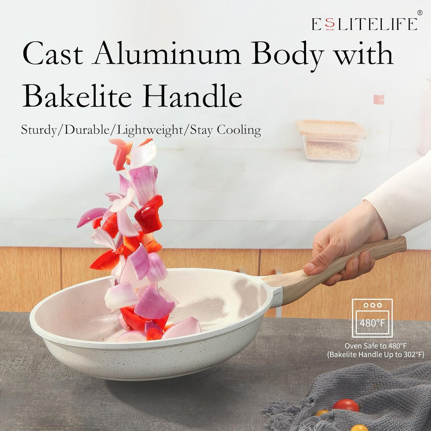 ESLITE LIFE Nonstick Ceramic Frying Pan Skillet with Lid, Non-Toxic Egg Omelette Kitchen Cooking Pans Compatible with All Stovetops (Gas, Electric & Induction), PTFE & PFOA Free (White, 8" w/Lid)