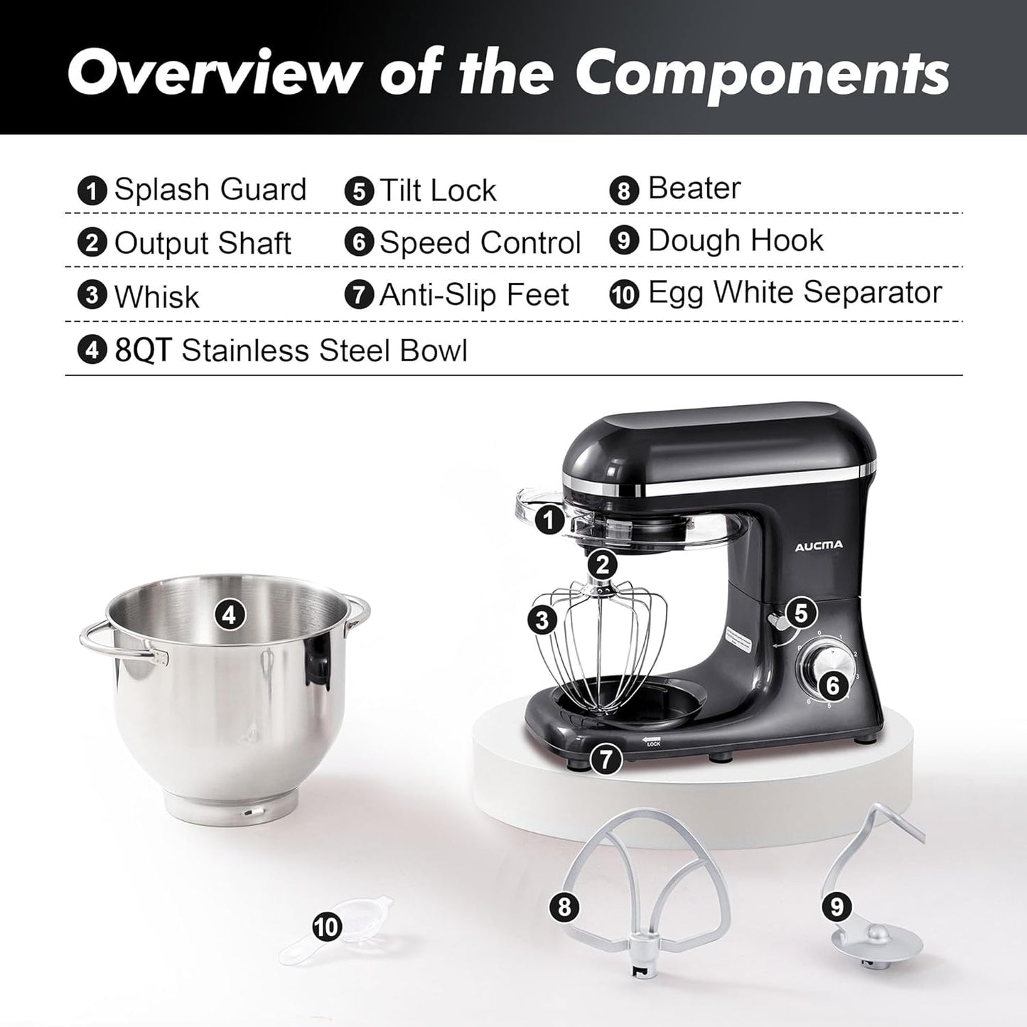 Aucma Stand Mixer, 900W 8QT Large Kitchen Mixer, Kitchen Electric Mixers with Dough Hook, Wire Whip & Beater (Black, 8QT)