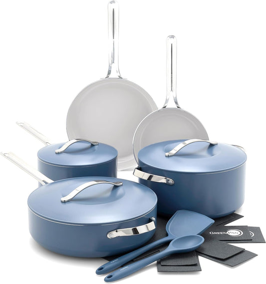 GreenPan Nova 10-Piece Cookware Pots & Pans Set, Oprah’s Favorite Things 2024, PFAS-Free Ceramic Nonstick, Fry, Sauté, Stockpot, Utensils, Lids, Induction Suitable, Dishwasher & Oven Safe, Ocean Blue