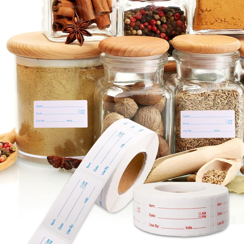 2 Rolls 1000 Pieces Removable Food Labels, 1 x 2 Inch Date Stickers for Freezer, Refrigerator Food Containers - Easy to Write On