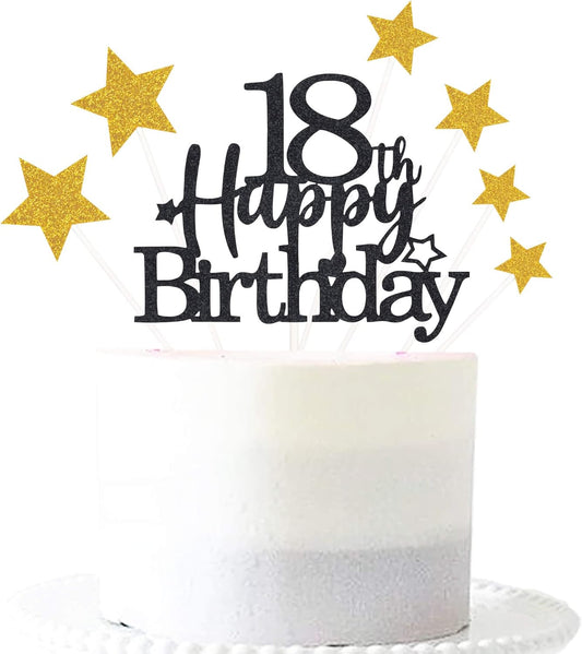 Glittery 18th Happy Birthday Cake Topper with Star,Personalised 18 Birthday Cake Toppers Party Decorations Party Supplies for Boys Girls Black Gold