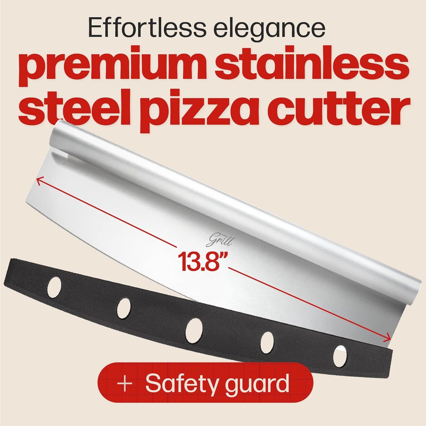 Pizza Cutter Rocker Blade By Hans Grill 14" Large Pizza Slicer Sharp | Stainless Steel Rocking Pizza Knife Cutter | Professional Nonstick Pizza Cutter Rocker Knife With Safety Cover | Dishwasher Safe