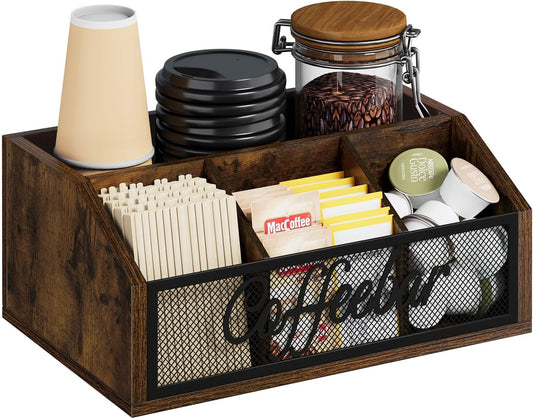 YINMIT Coffee Station Organizer for Countertop, Wood Coffee Bar Organizer with Removable Dividers for Pods, Syrup, Cups, Stirrer, Tea - Office Coffee Bar Accessories
