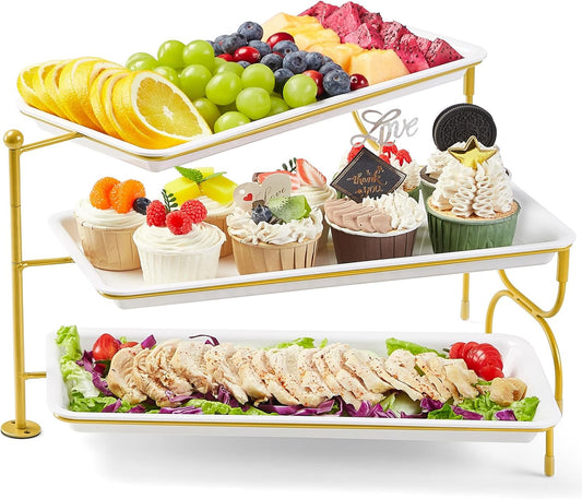 Lifewit 3 Tiered Tray Stand for Party Entertaining, 14"×6.5" Serving Platters and Trays, Reusable Plastic Trays with Stable Gold Mental Stand for Veggie, Fruit, Cookies, Dessert