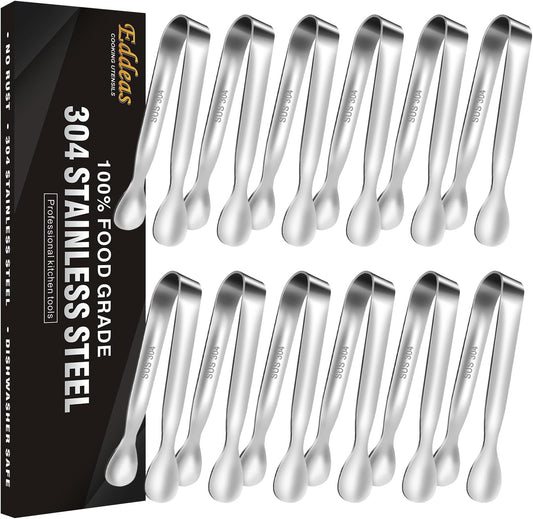 Mini Tongs For Serving Food，Set fo 12 Small Tongs For Appetizers，Small Stainless Steel Metal Cooking Tong，for Tea Party Coffee Bar, 4 inch Sugar Tong - Silver