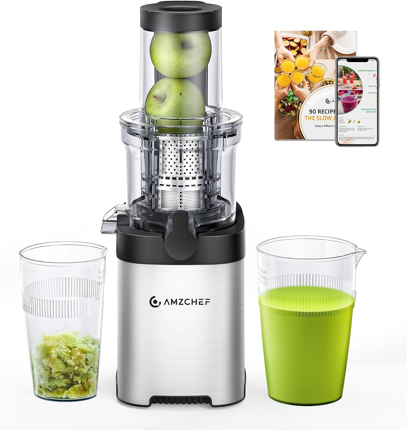 AMZCHEF Cold Press Juicer, Juicer Machines - 3.1" Large Feed Chute for Whole Fruits & Vegetables, Stainless Steel Slow Masticating Juicer Easy to Clean, Large Auger, Double Strainers, Silver