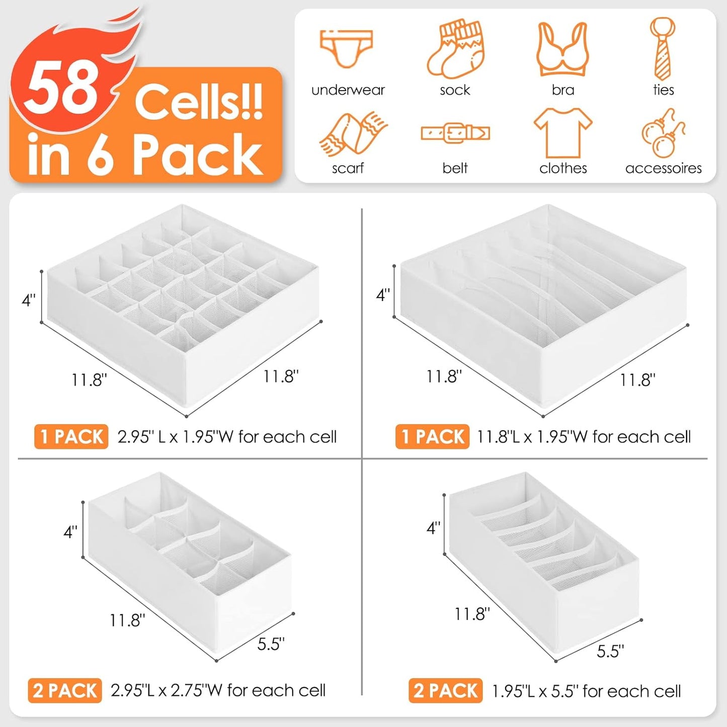 6 Pack Sock Underwear Drawer Organizer Dividers, 58 Cell Foldable Fabric Dresser Closet Organizers and Storage Bins for Clothing, Baby Clothes, Bra, Panty, Scarf, Ties (White)