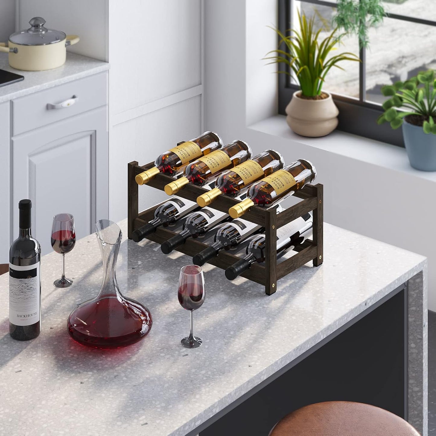 BAMEOS Wine Rack Freestanding 2 Tier 8 Bottle Bamboo Wine Racks Countertop Cabinet Wine Holder Wine Storage Shelf for, Bar, Pantry Wine Cellar Basement Countertop Mocha (16.85 L x 9.25W x 7H