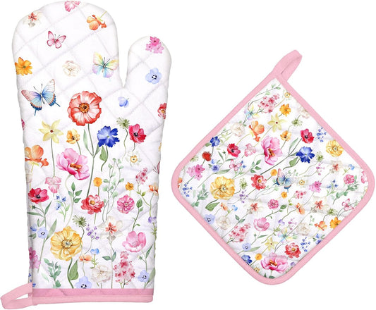 Wildflower Oven Mitts and Pot Holders Sets 2Pcs, 100% Cotton Heat Resistant, Extra Long Oven Gloves Potholder for Kitchen Cooking Baking Decoration