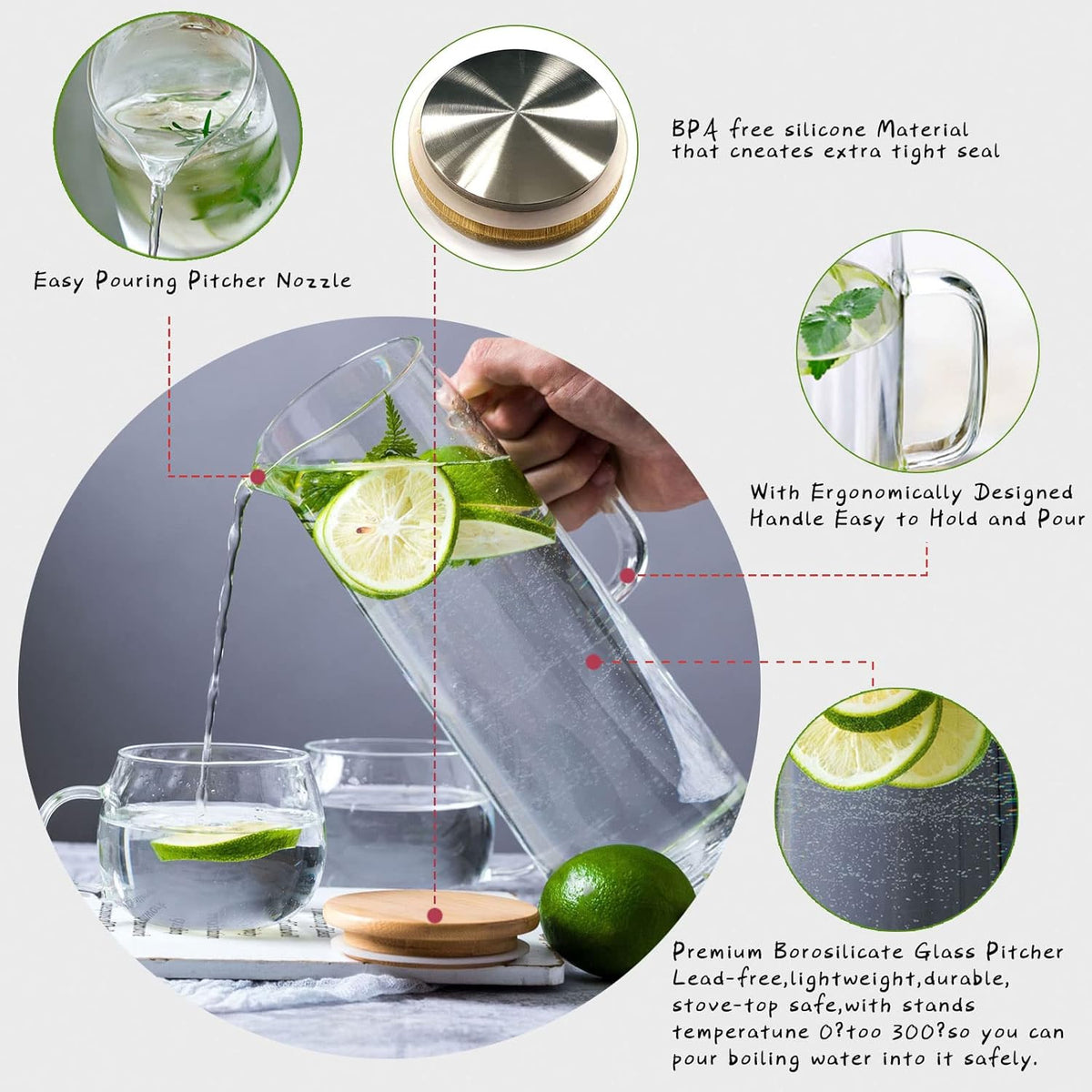 hjn Glass Pitcher with Lid Glass Water Carafe with Handle, Fridge Water Jug Cold or Hot Beverages, Iced Tea, Milk, Juice 1500ml/51oz & bamboo lid