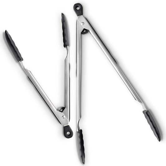 DI ORO Silicone Tongs for Cooking - Heat-Resistant Kitchen Tongs for Cooking with Silicone Tips - Small 9" & Large 12" for Nonstick Cookware - Stainless Steel Rubber Tipped (2pc, Black)