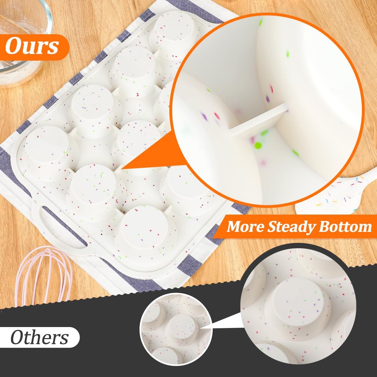 Silicone Muffin Pan, Metal Reinforced Frame Regular Size 2.8 Inch Cupcake Pan with Handle 12 Cups Nonstick Muffin Tray for Baking BPA Free 1 Pack Confetti