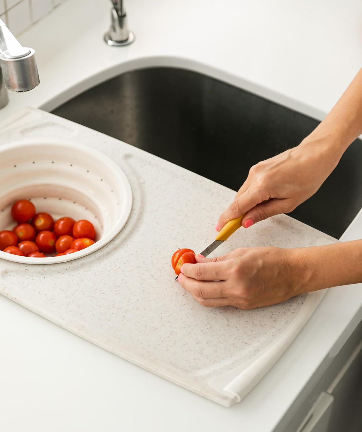 Dexas Over the Sink PolyFiber Flax Cutting Board with Collapsible Colander Strainer, 11.5 x 20", Cream