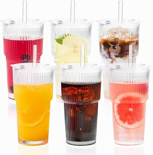 GOSCHE 20oz Glass Cups with Lids and Straws, Reusable Iced Coffee Cups, Thickened Glass Tumbler Set Ideal for Juices, Smoothies, Cocktails, and Beverage, Clear, 6 Pack