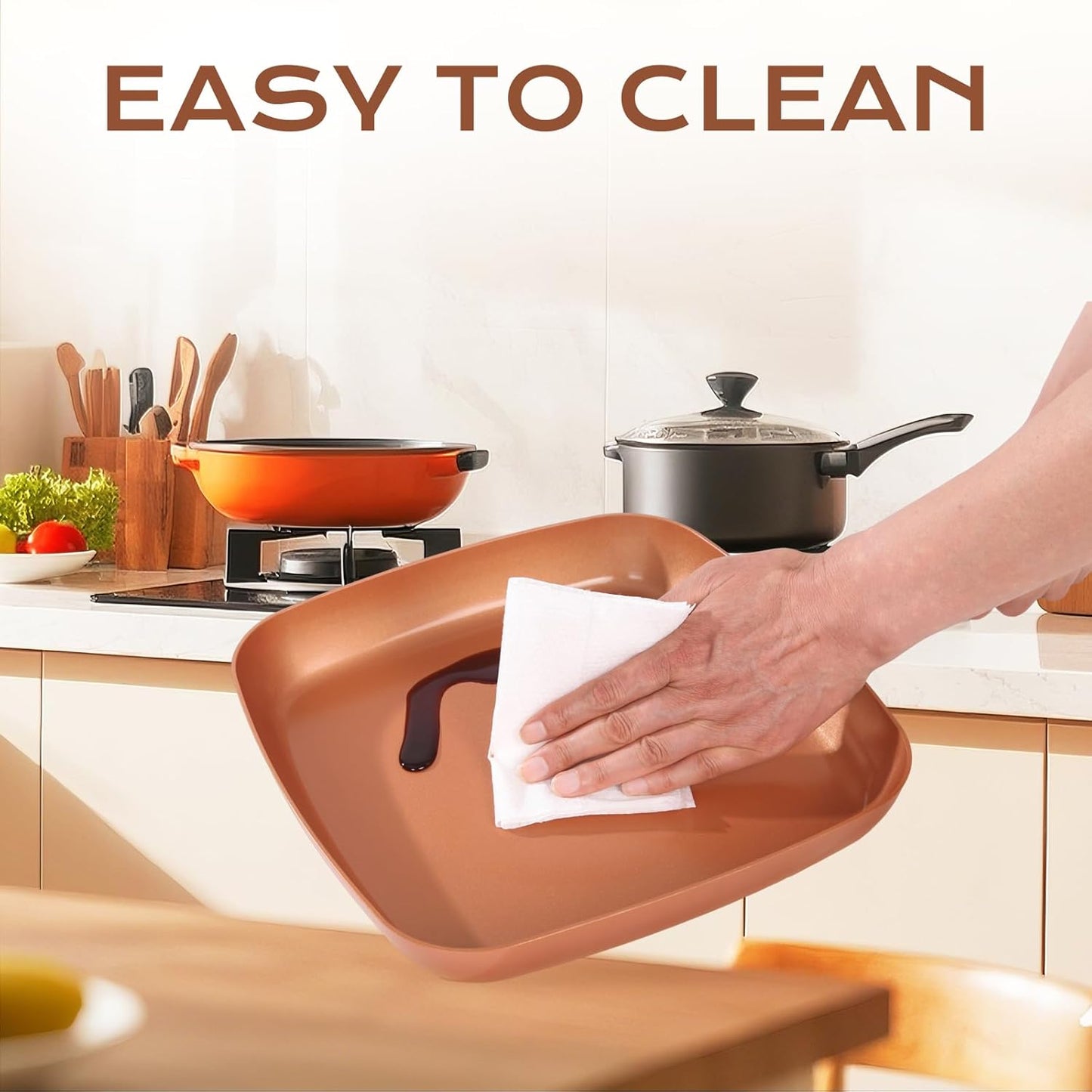 Non-Stick Copper Square Frying Pan, 12" Chef Skillet with Ceramic Coating, Oven Dishwasher Safe, PFOA-Free, Home Use for All Stoves