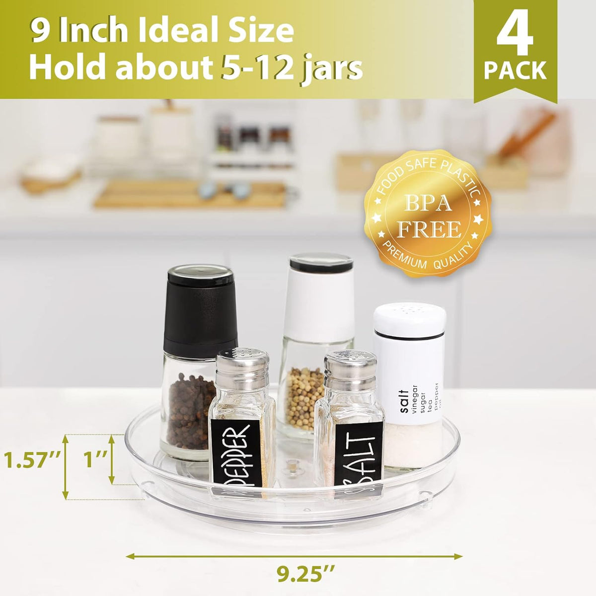 GUZON 4 Pack Lazy Susan Organizer, 9 Inch Clear Lazy Susan Turntable for Cabinet, BPA-Free Plastic Rotating Spice Rack for Kitchen, Pantry, Refrigerator, Bathroom, Dresser, Table, Countertop