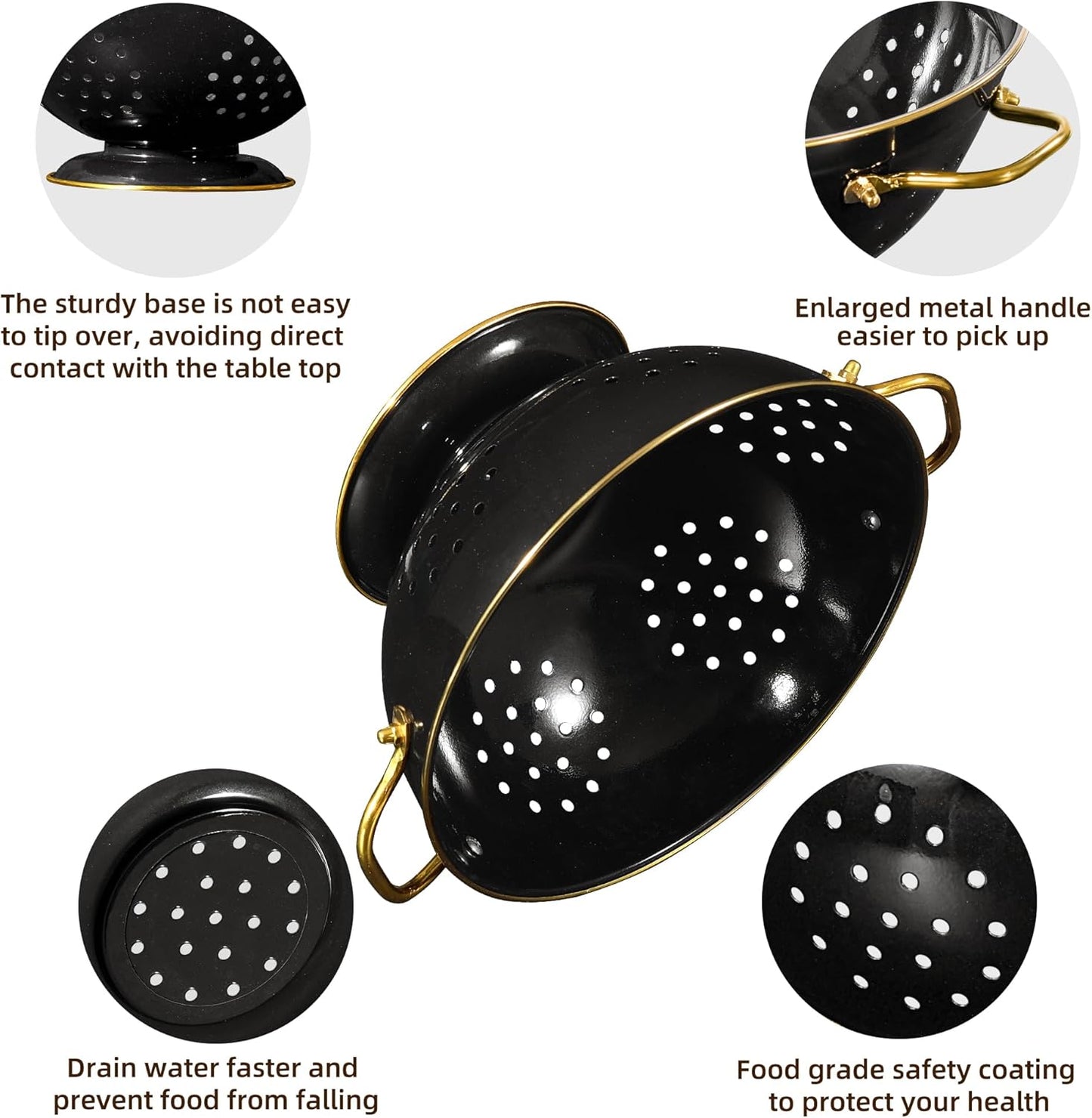 Metal Colander 2 Pack, 3.5 Quart Powder Coated Self-draining Solid Ring Base Metal Large Kitchen Pasta Vegetable Fruit Strainer with Handle (L-BLACK)