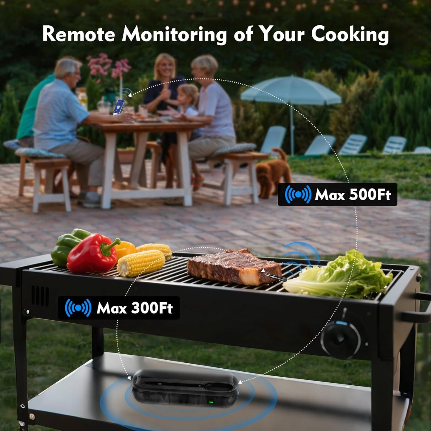 Aurasky Wireless Smart Meat Thermometer, Accurate Temperature Detection Probe, 500FT Remote Monitoring, Dual Alarm, Cooking Meat Thermometer Wireless for Grilling, Smoking, Oven, BBQ, Rotisserie