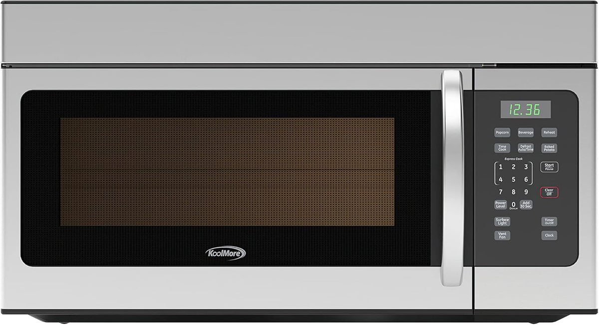 KoolMore KM-MOT-1SS Range Microwave Oven Lamp and 300CFM Recirculation Vent Hood, Auto Cook Menus, Reheat Function, 10 Power Levels, Timer, and Weight Defrost, 30 in/1.6 Cu. Ft, Silver