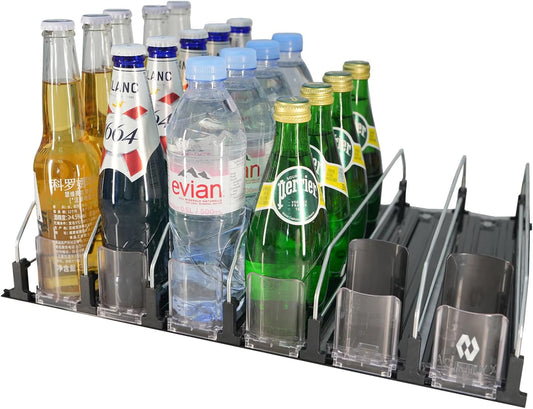 Upgraded Drink Organizer for Fridge – Adjustable Width Soda Can Organizer with Automatic Glide, Space-Saving Refrigerator Can Dispenser Holds Up to 30 Cans – Drink Holder for Fridge (6 Rows, Black)