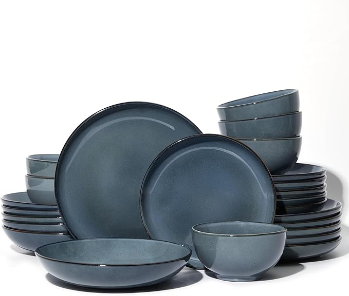 24 Piece Double Bowl Dinnerware Sets with Pasta Bowls, Highly Chip and Crack Resistant Plates and Bowls Sets, Natural Earthyware Ceramic Dishware Sets, Service for 6 Jeans Blue