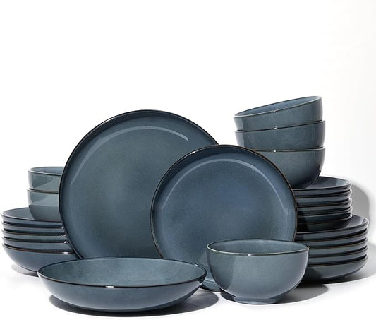 24 Piece Double Bowl Dinnerware Sets with Pasta Bowls, Highly Chip and Crack Resistant Plates and Bowls Sets, Natural Earthyware Ceramic Dishware Sets, Service for 6 Jeans Blue