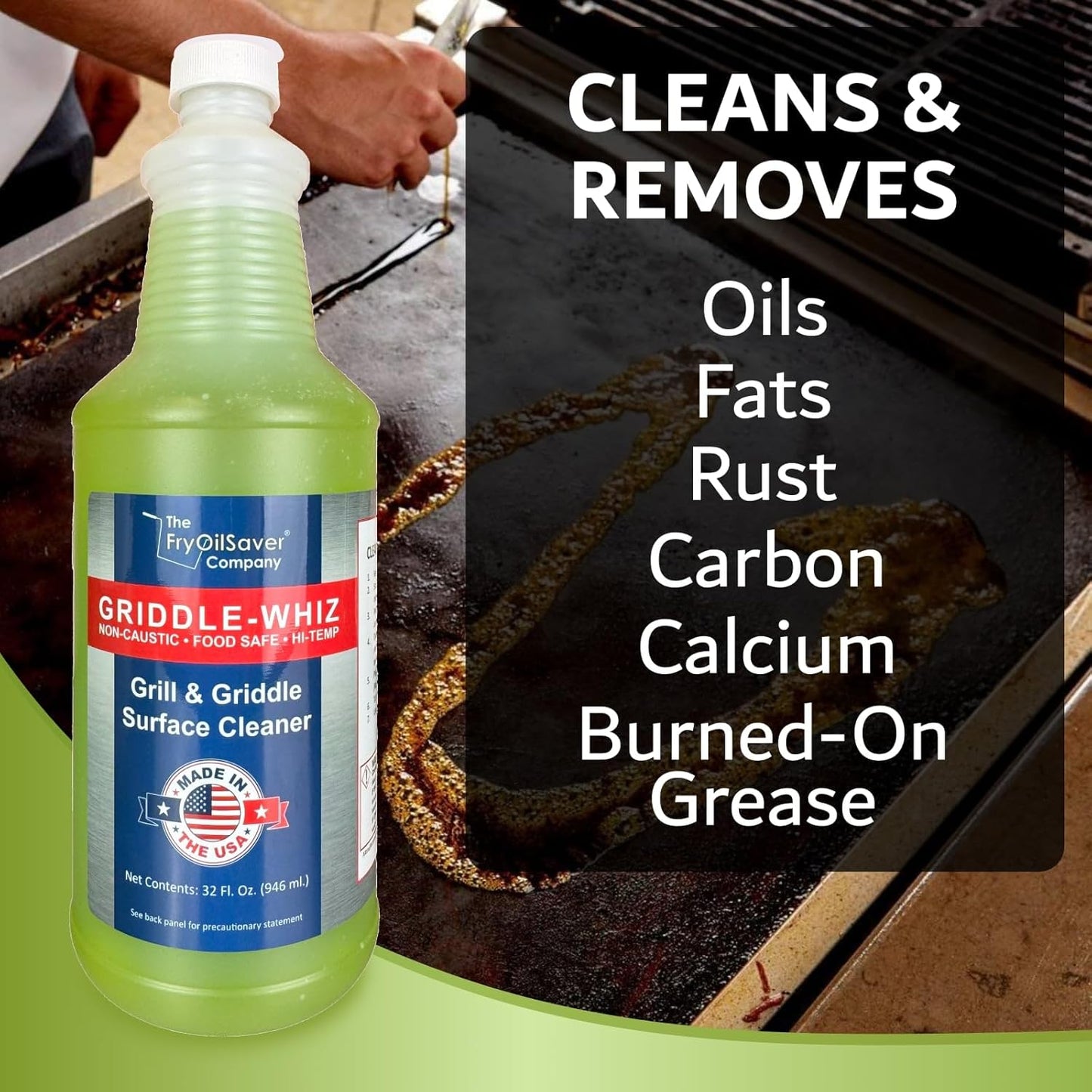 Griddle-Whiz Grill & Griddle Cleaner | Removes Grease, Food Residue, Burnt On Organics | Non-Toxic High Heat Flat Top Grill Cleaner & Food Contact Surface | Non-Caustic Formula by FryOilSaver (32oz)
