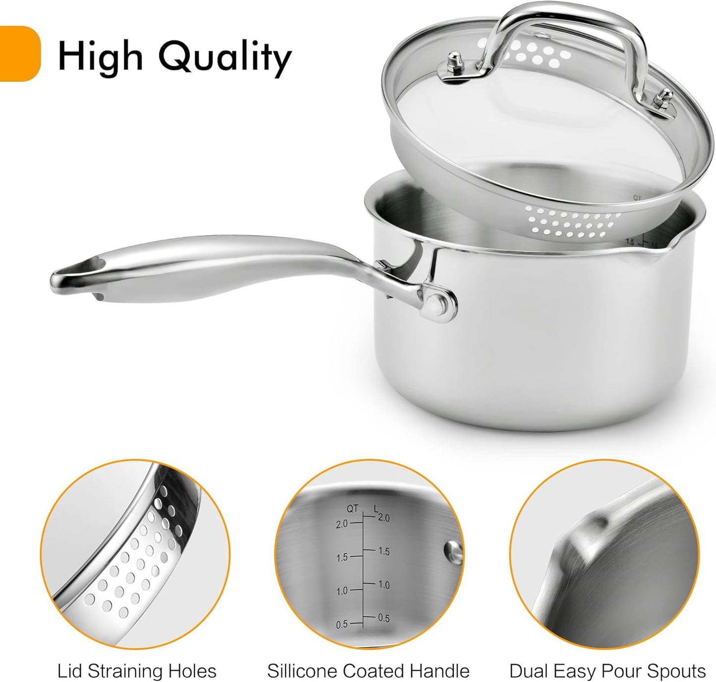 Cyrosa 2.0 Quart Saucepan with Lid, Stainless Steel Sauce Pot with Strainer Lid, Two Side Spouts for Easy Pour with Ergonomic Handle, Dishwasher Safe