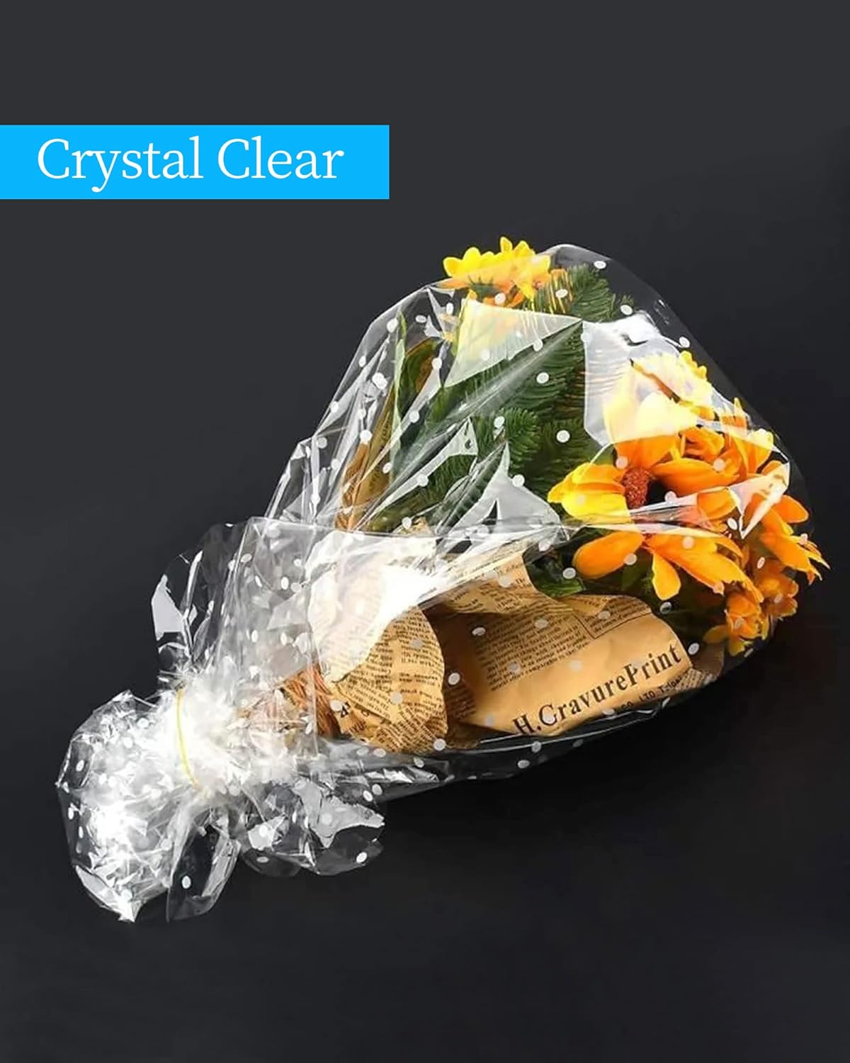 JOYIT 100' Long X 35” Wide Clear Cellophane Wrap Roll with White Dots - 3 Mil Thicker Cellophane Roll, Clear Wrapping Paper for Gift Baskets Wrap (35" Folds into 17.5")
