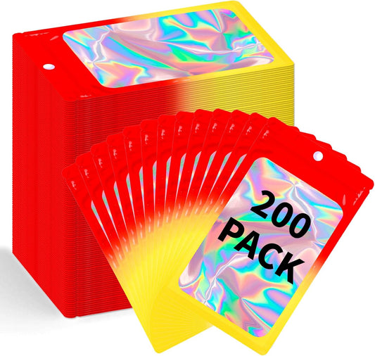 200 Pack Resealable Mylar Holographic Bags Food Storage Smell Proof Bags with Front Window Foil Packaging Pouch for Candy Sample Jewelry Small Business 4.13×5.91 Inch, Red Fade Yellow