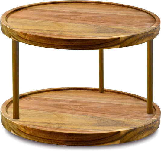 14" Two-Tier Acacia Wood Lazy Susan Organizer Kitchen Turntable for Cabinet Pantry Table Organization
