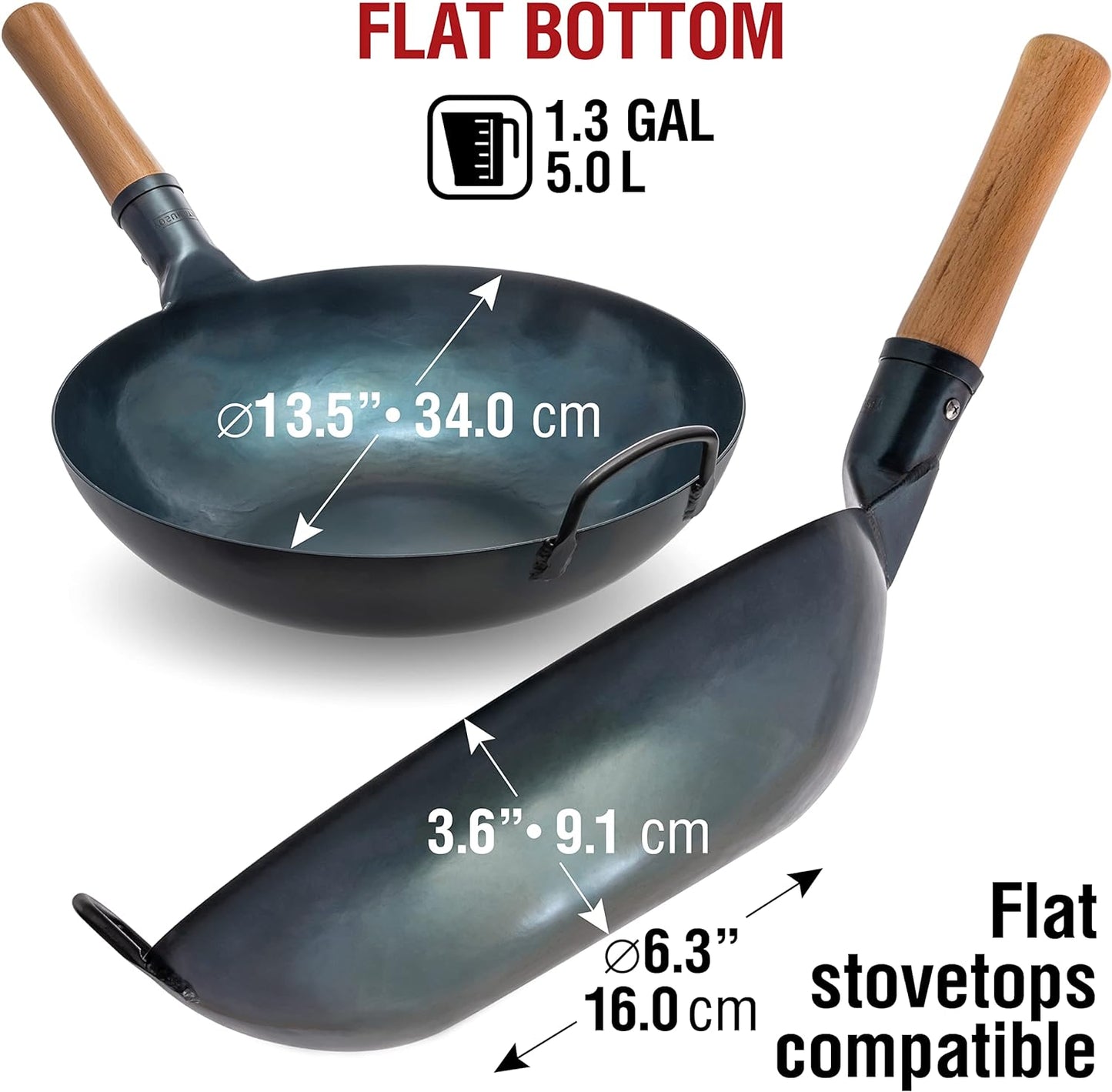 YOSUKATA 13.5” Blue Carbon Steel Wok Pan – Pre-Seasoned Flat Bottom Wok Compatible with open fire, gas, electric, ceramic, induction cooktops -Traditional Chinese Pan for Stir Fry, BBQ, Grill, Camping