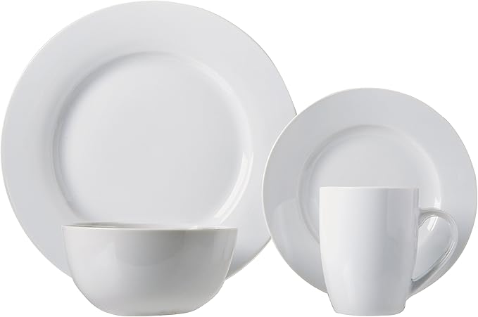Amazon Basics 16-Piece Porcelain Dinnerware Set, Microwave and Dishwasher Safe, Service for 4, Plates, Bowls and Mugs, White