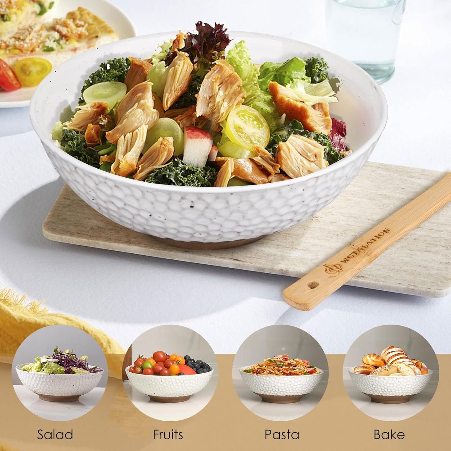 Wotalation Large White Ceramic Salad Serving Bowl - 9.4 Inch Party Bowl for Holidays, Fruit Bowl with Bamboo Utensils (57.4oz), Microwave & Dishwasher Safe