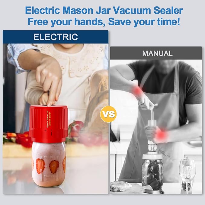 Electric Mason Jar Vacuum Sealer Kit for Wide Mouth and Regular Mouth Mason Jar - Red