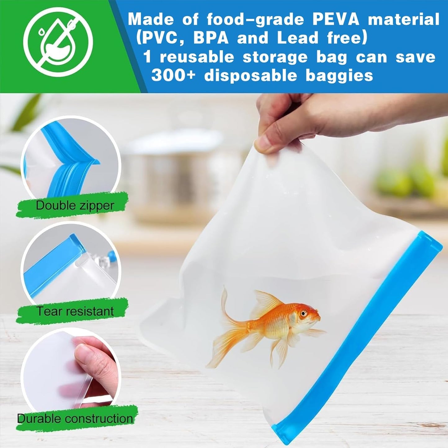 8 Pack Reusable Gallon Bags Dishwasher Safe, Silicone Leakproof Reusable Freezer Bags, BPA Free Reusable Food Storage Bags for Candy, Snack, Cereal, Travel Items, Home Organization（Blue）