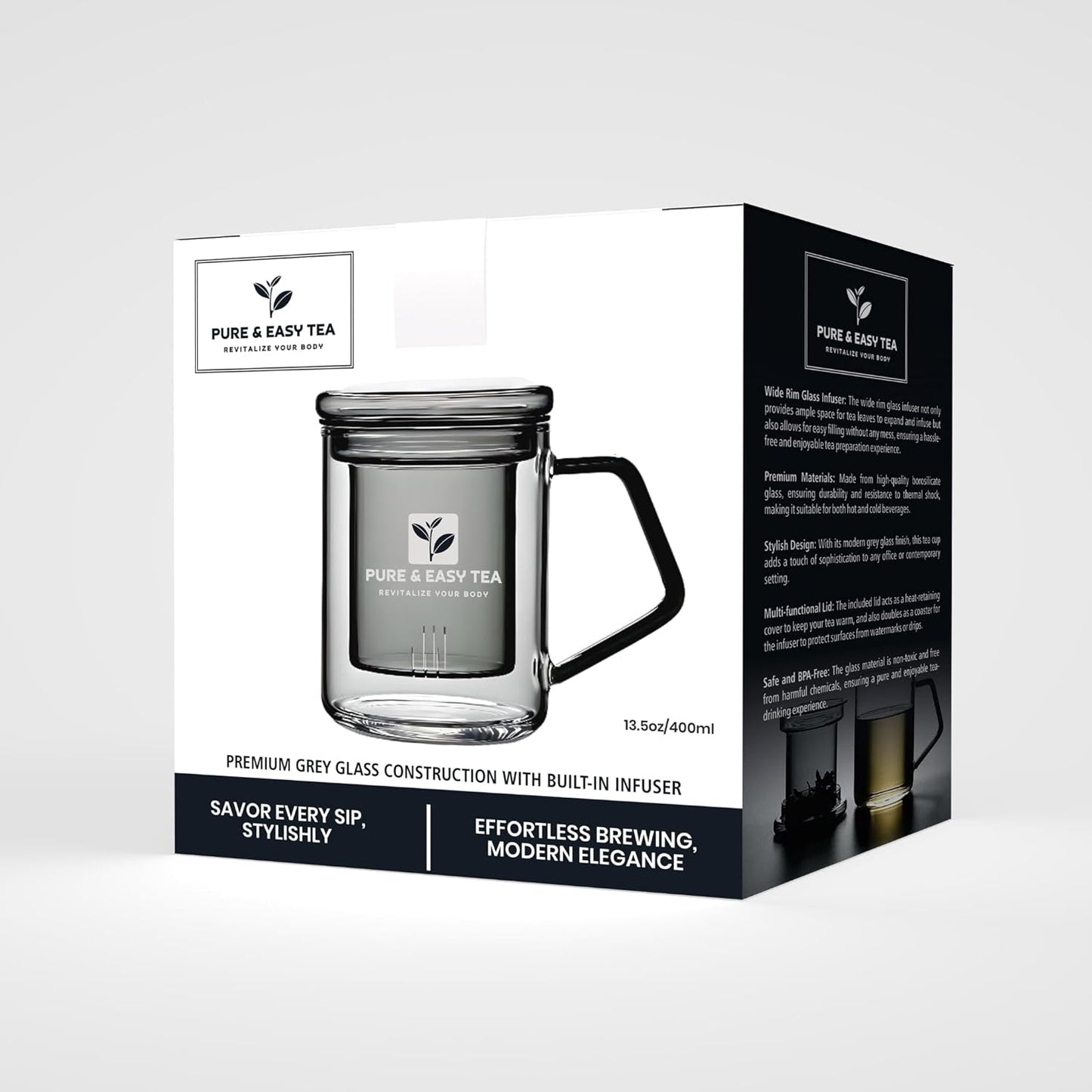 Glass Tea Infuser Mug with Lid - Modern Borosilicate Filter Steeping Cup, Plastic-Free, Purest Brew for Loose Leaf Lovers, 400 mL/13.5 oz