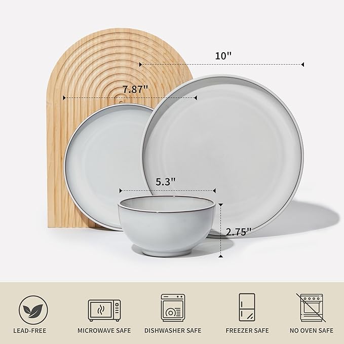 Santorini Mist Terracotta Reactive Glaze Plates and Bowls Sets, Stoneware Dinnerware Sets, Microwave and Dishwasher Safe Ceramic Dish Set Service for 4, Moonstone White