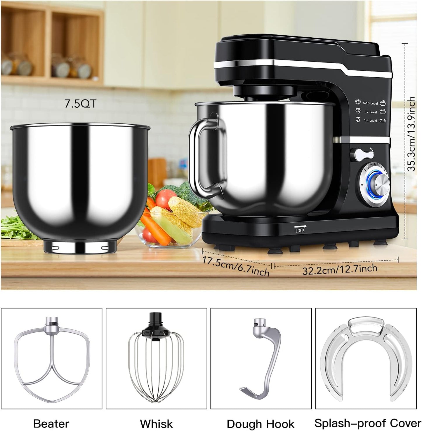 Garvee 7.5QT Stand Food Mixer, 10-Speed Tilt Head 3-IN-1 Kitchen Electric Mixer with Stainless Steel Bowl, Egg Whisk, Dough Hook, Beater, Splash Guard, Compact Dough Mixer for Home Cooks, Black