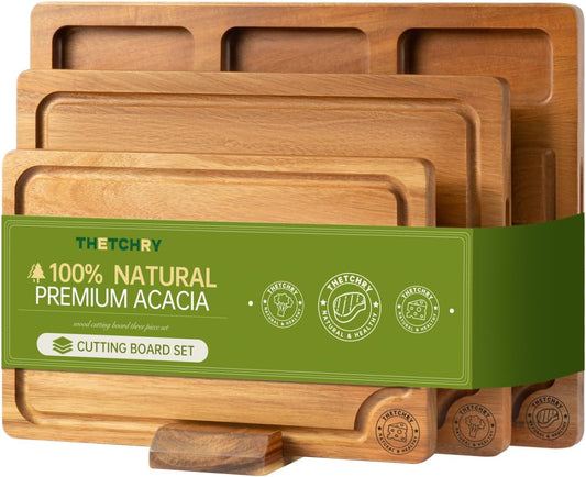 Acacia Wood Cutting Board Set,Thick Wooden Cutting Board for Kitchen with Holder,Chopping Board with Deep Grooves&Built-in Handles, Wooden Charcuterie Board Trays for Meat,Fruit,Cheese