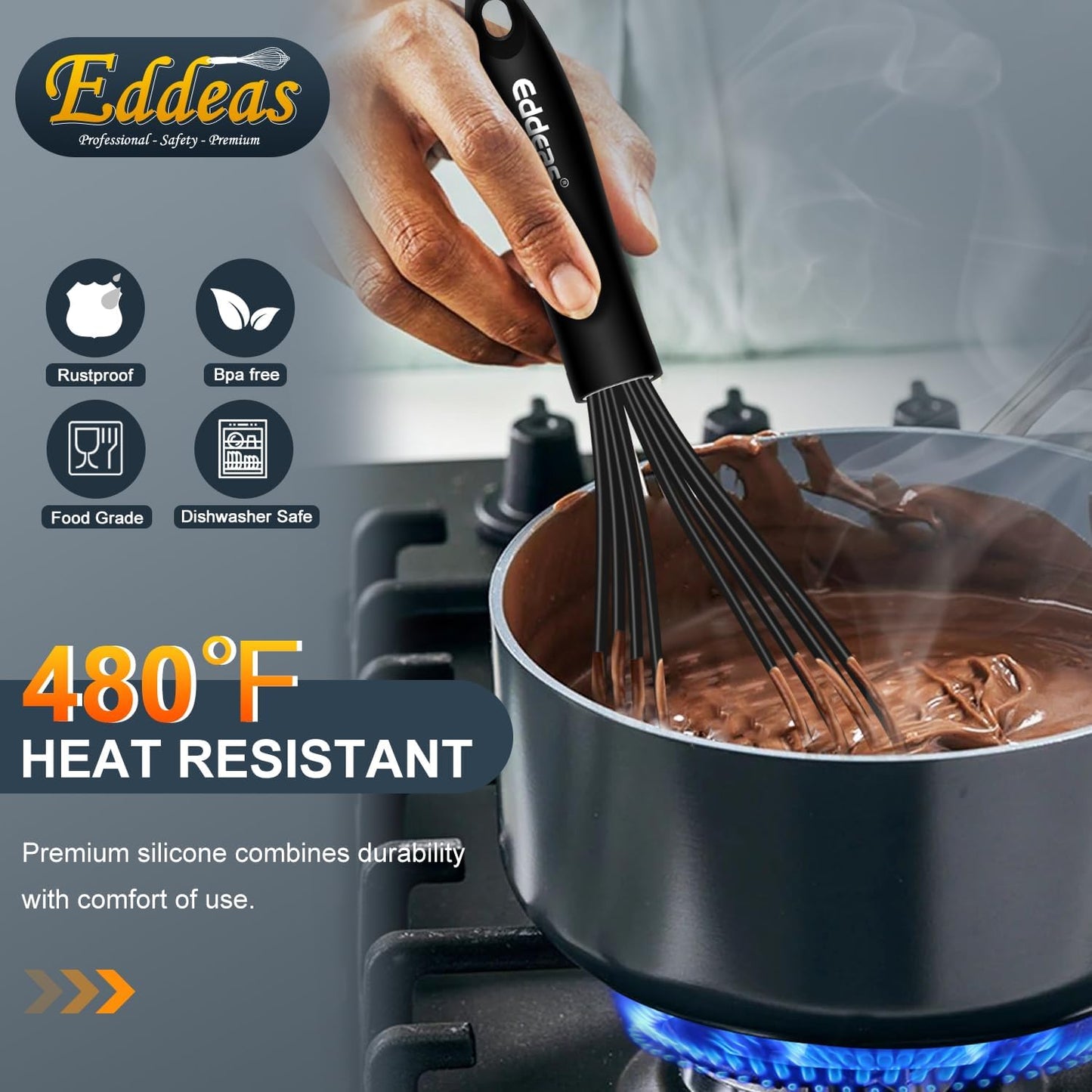 Flat Whisk, EDDEAS Silicone Gravy Whisk for Cooking, Beating, Stirring Gravy and Eggs