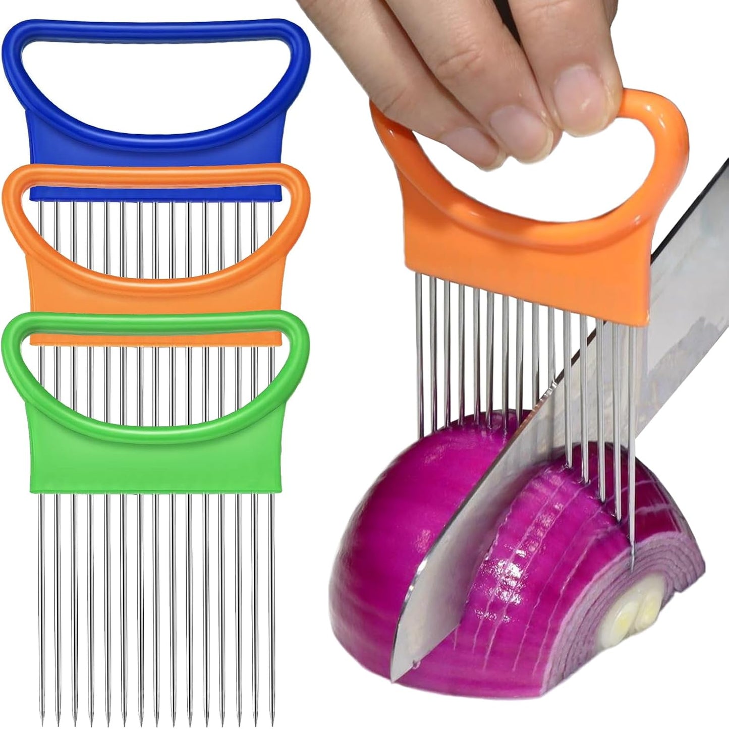 FANTEXY 3Pieces Onion Holder for Slicing, Stainless Steel Onion Cutter for Slicing, Potato Lemon Slicer Tomato Slicers Kitchen Comb for Vegetables, Fruit and Meat